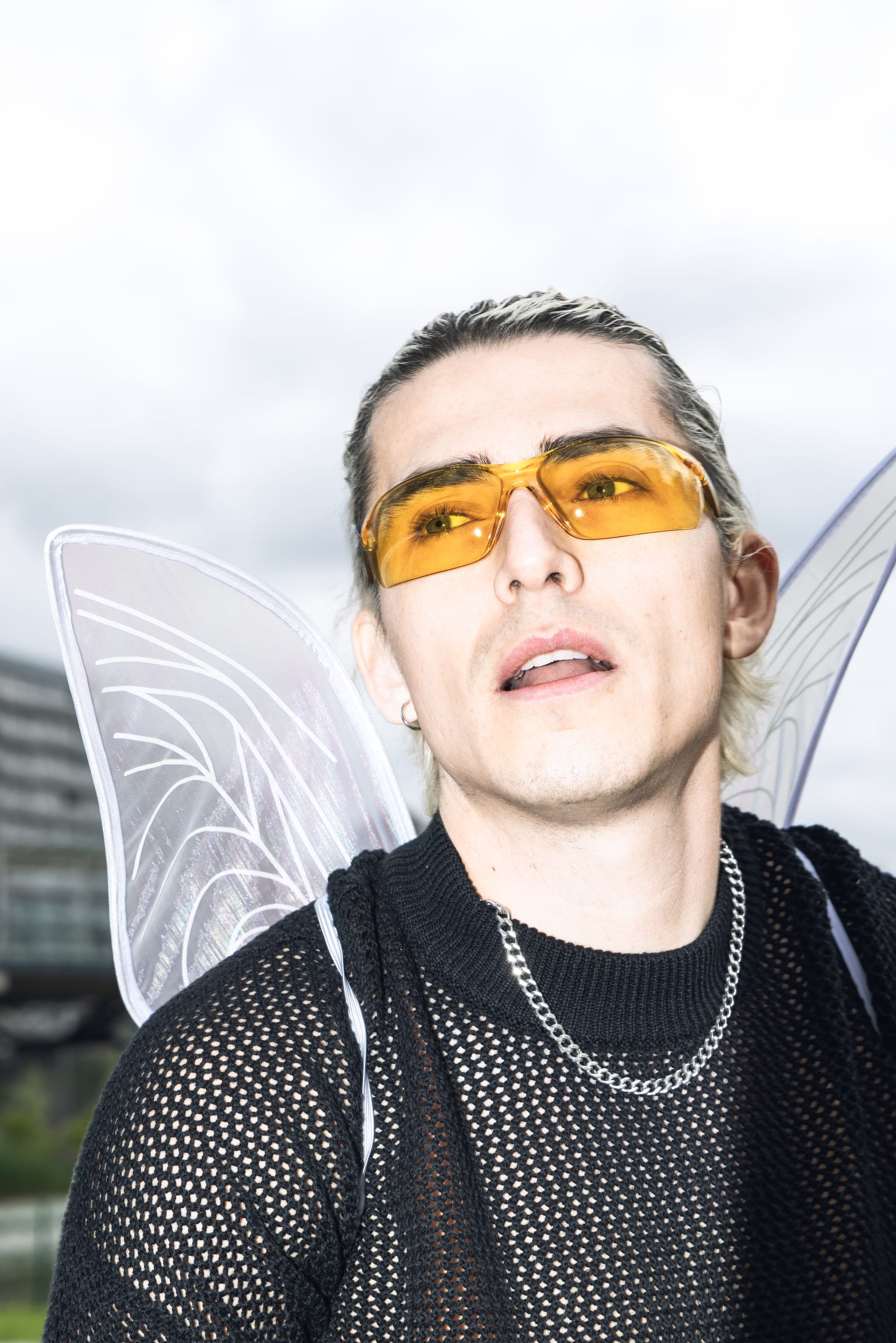 Gros plan en contre-plongée : ailes translucides, lunettes jaunes, ciel blanc.