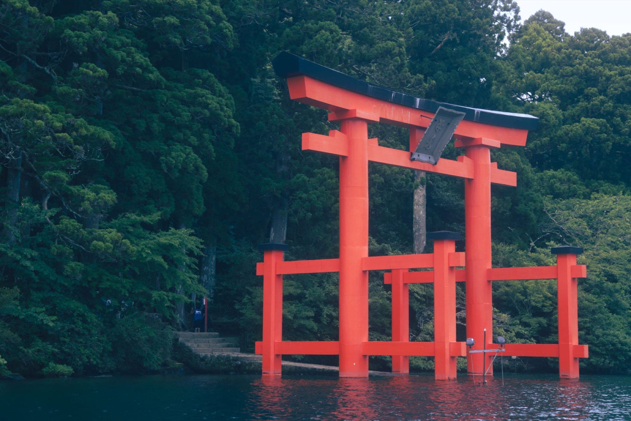 Torii vermillon dressé dans l'eau d'un lac, adossé à une forêt dense, un escalier de pierre menant à la rive.