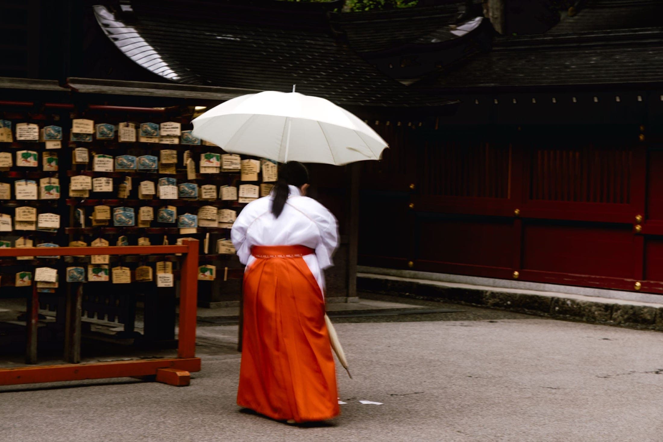 De dos, une silhouette en haori blanc et hakama vermillon sous une ombrelle claire, devant un mur de tablettes votives.