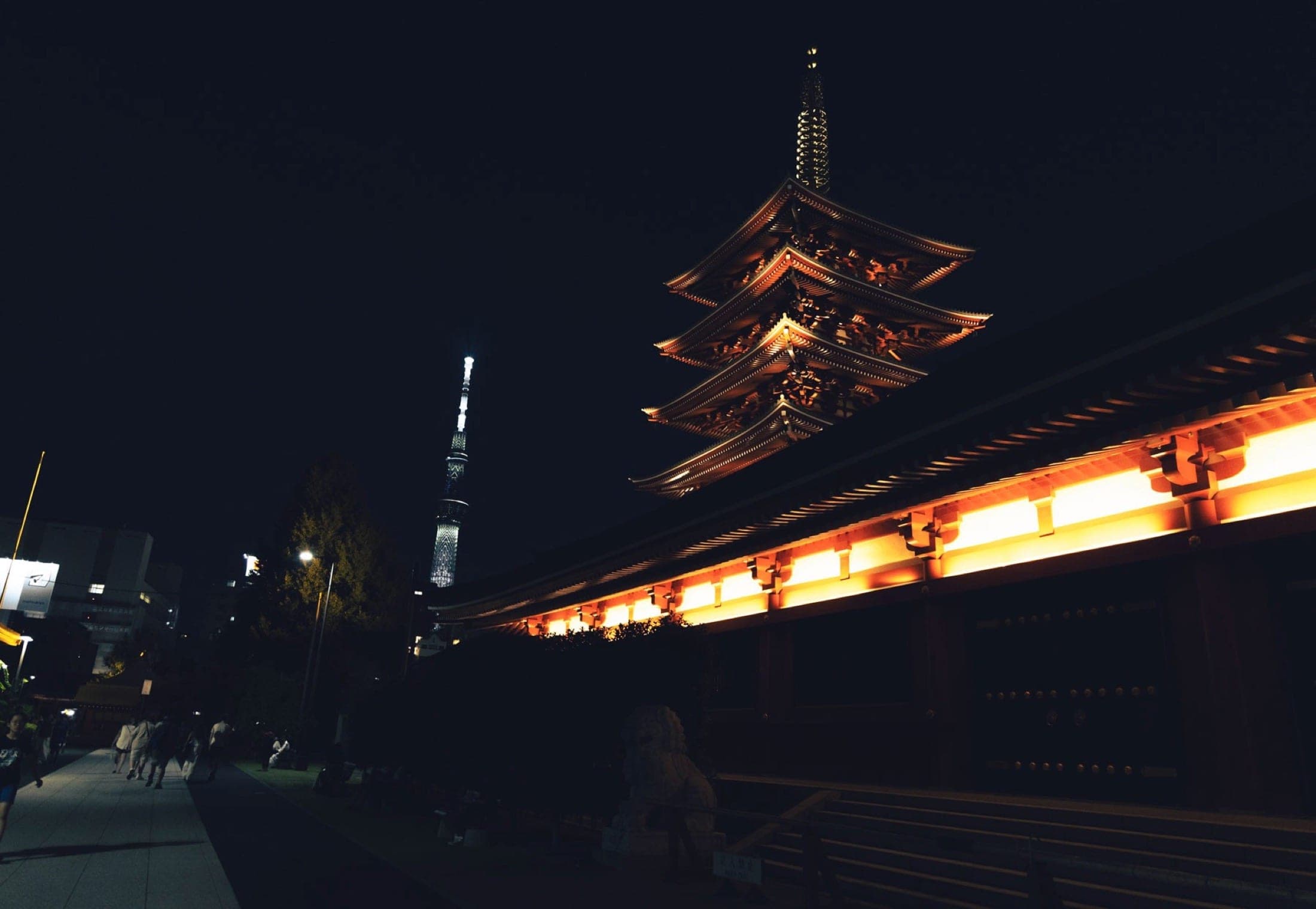 Pagode à cinq étages illuminée la nuit, la Tokyo Skytree éclairée en arrière-plan au-dessus des toits.