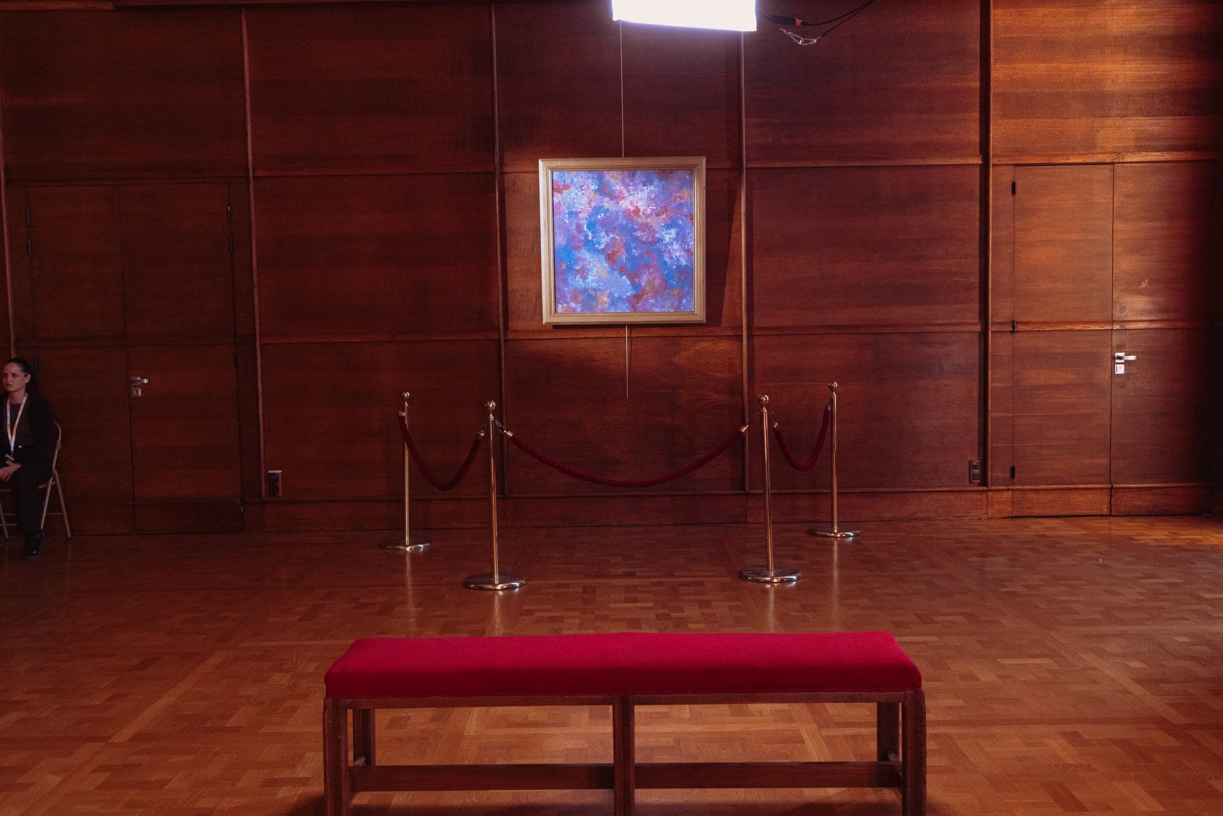 La salle vide entre deux prises : le tableau, le cordon et la banquette rouge.