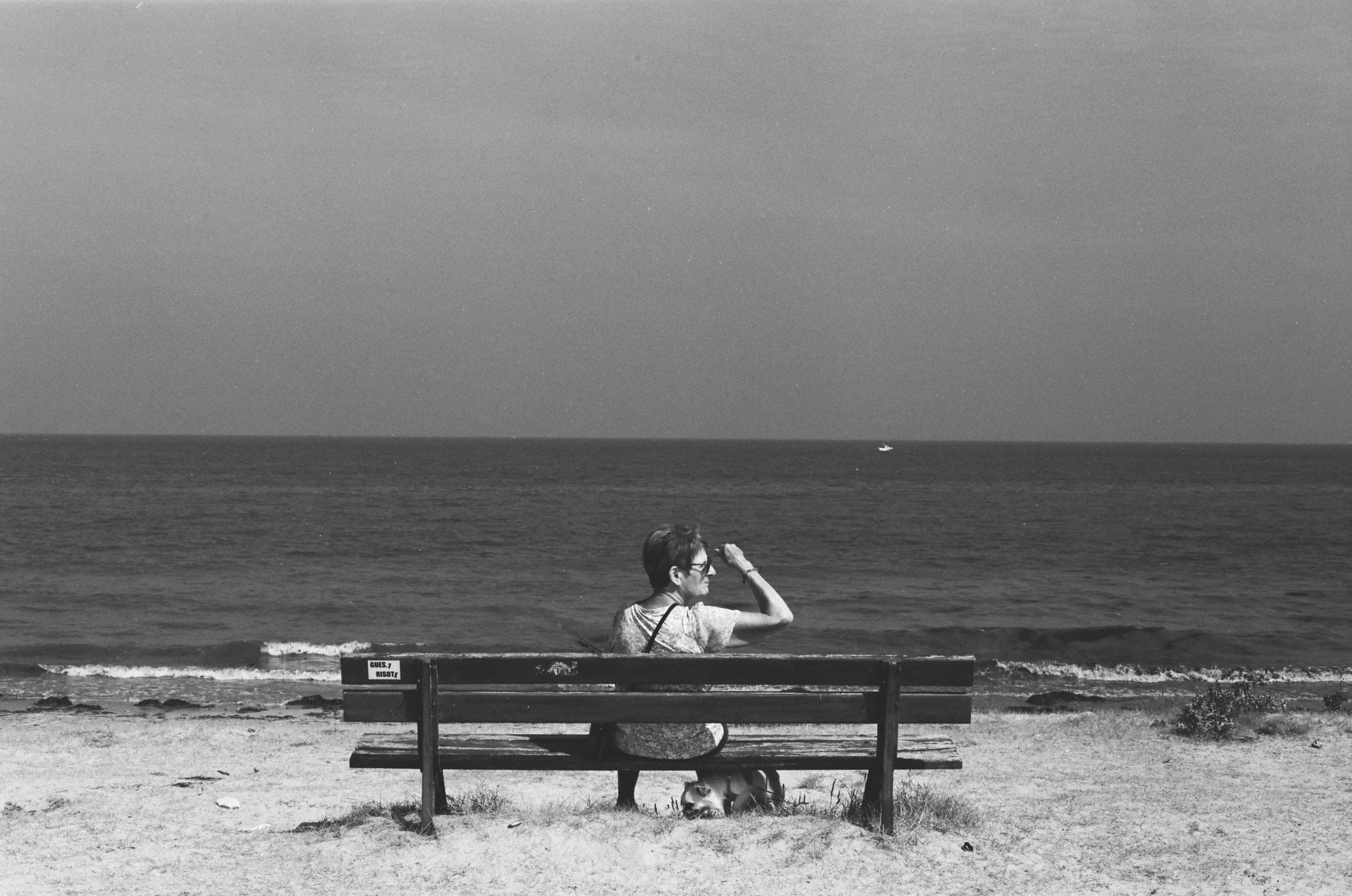 De dos sur un banc face à la mer, une femme porte la main à ses lunettes, un chat allongé sous le banc.