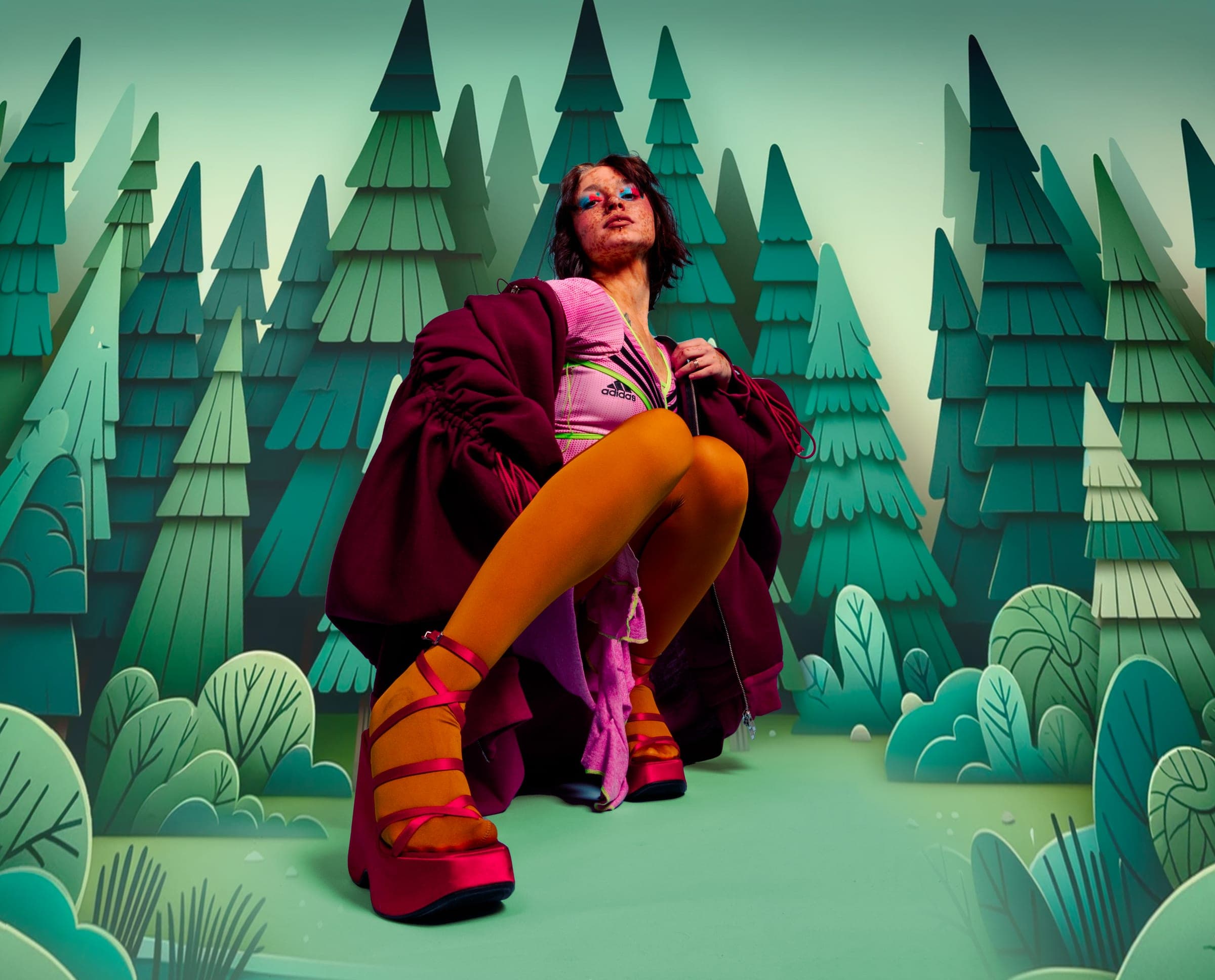 Accroupie devant un décor de sapins stylisés, veste bordeaux froncée, collants orange et plateformes de satin rouge lacées aux chevilles.