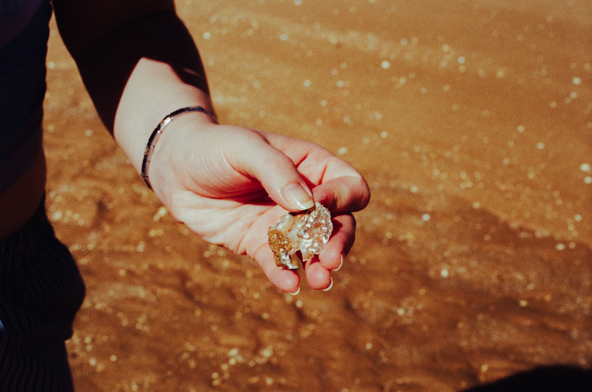 Une main tend un éclat de coquillage nacré au-dessus du sable mouillé.